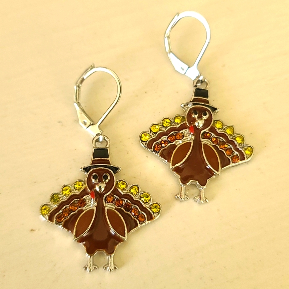 Turkey Rhinestone Dangle Earrings NWT Thanksgiving